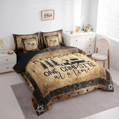 Erosebridal Camper Comforter Set 7 Pieces Bed in A Bag Twin Size, Happy Camping Comforter Rv Decorations for Inside, Vintage Rustic Farmhouse Sheet Set, Sun Moon Starry Sky Bedding Sets, Reversible