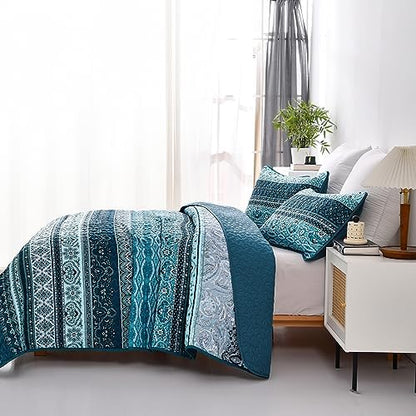 WONGS BEDDING Boho California King Quilt Bedding Set, 3 PCS Bedspread,Blue