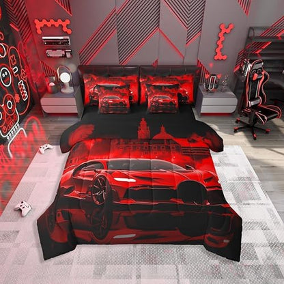 jejeloiu Race Car Comforter Set with Sheets 7 Piece Twin Size