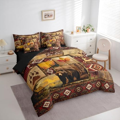 Erosebridal Vintage Rustic Bedding Set King Farmhouse Lodge Bear Deer Comforter Set 7 Piece Country Cabin Bed in A Bag for Adults Western Maple Leaf Retro Pine Trees Quilt with Flat Fitted Sheet