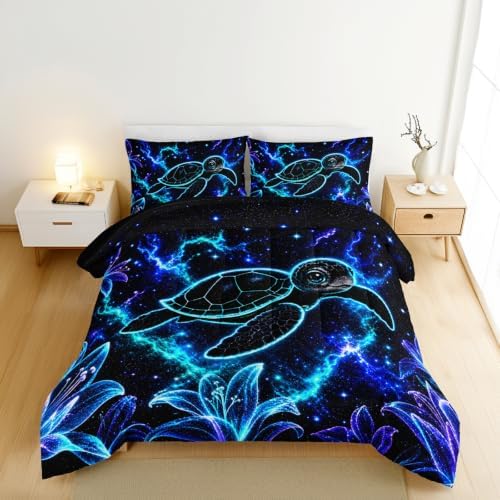 HOSIMA Neon Galaxy Sea Turtle Comforter Twin for Boys with 2 Pillowcases.