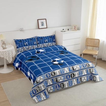 Homewish Soccer Sports Full Size Comforter Set,Blue Soccer Grid Bedding Set for Adults Teens,Children Sport Gaming Comforter Luxury Football Pattern Quilt Set Room Decor 3Pcs