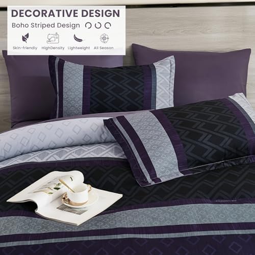 Cottolester Queen Comforter Set,Black Purple Boho Striped Bed in a Bag