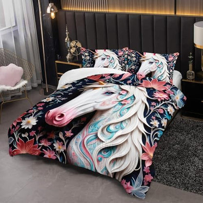 White and Pink Unicorn Flower Full Size Comforter Set for Girls，Kids Full Size Unicorn Bedding Sets for Girls