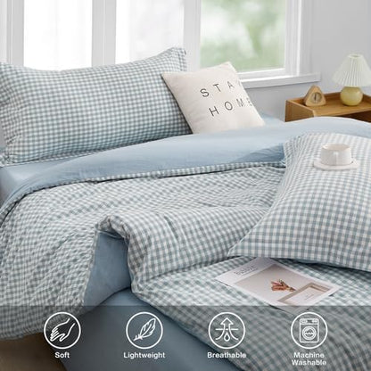 SAPHREAS Geometric Blue Plaid Duvet Cover Set 3pcs 100% Washed Cotton Soft Light Blue Grid Bedding Comforter Cover 1 Duvet Cover 2 Pillow Shams, Comforter Not Included