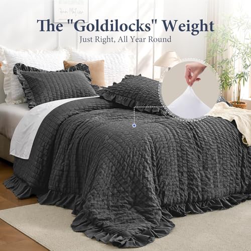 JOLLYVOGUE Oversized King Comforter Set, 3 Pieces Black Seersucker Comforters, Lightweight & Fluffy Bedding Sets for All Season with 1 Ruffle Comforter and 2 Ruffle Pillowshams