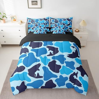 Erosebridal Fishing Camouflage Comforter Set 7 Piece Bass Big Fish Bedding Sets Twin Size Farmhouse Wild Animal Bed in a Bag for Kids Rustic Farmstyle Sheet Set with Comforter Vintage Blue Decor