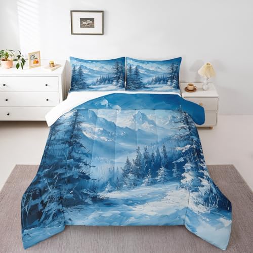Snow Scenery Woodland Bedding Set Full Size,Pine Tree Winter Theme Comforter Set for Kids Boys Girls Room Decor,Snowmountain Nature Scenery Duvet Insert 3Pcs,Rustic Style Quilt Set,2 Pillowcases