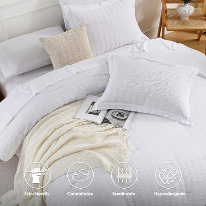 FreshCulture Twin Size Comforter Set Seersucker 5 Pieces, All Season Bedding Set Twin, Soft Bed in a Bag Comforter Set with Comforter, Flat Sheet, Fitted Sheet, Pillowcase and Pillow Sham, White