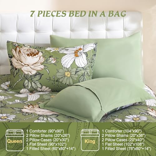 Luxudecor King Comforter Set 7 Pieces Bedding Sets,Olive Green Floral Comforter and Sheet Set,Soft Microfiber Bed in a Bag for All Seasons (Olive Green,104"x90")