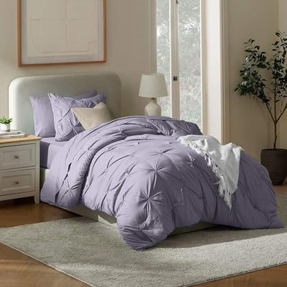 Nestl 7 Piece Twin XL Comforter Set – Dusty Purple Pinch Pleated Bed in a Bag – Complete Twin XL Size Bedding Set with Sheets, Set of 2 Cooling Pillows, Pillowcase and Sham
