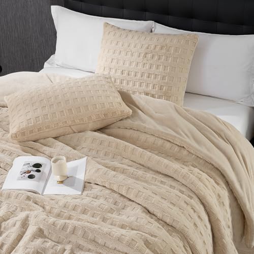 Teddy Waffle Texture Plush Fleece Comforter Set Queen Size, Creamy Beige