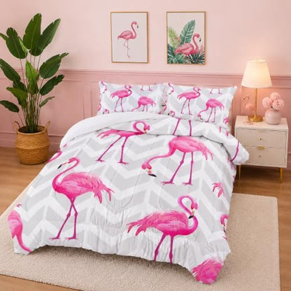 Flamingo Comforter Set Twin Size Tropical Flamingo Geometric Stripe Bedding Set Flamingo Quilted Duvet for Kids Girls Boys Adult with 1 Comforter and 2 Pillowcases