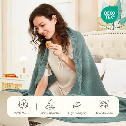 EMME Cotton Muslin King Blanket 4 Layer Ultra Soft Breathable Bed Layering Bedspread Coverlet Breathable Gauze Lightweight (Teal, 108"x90")