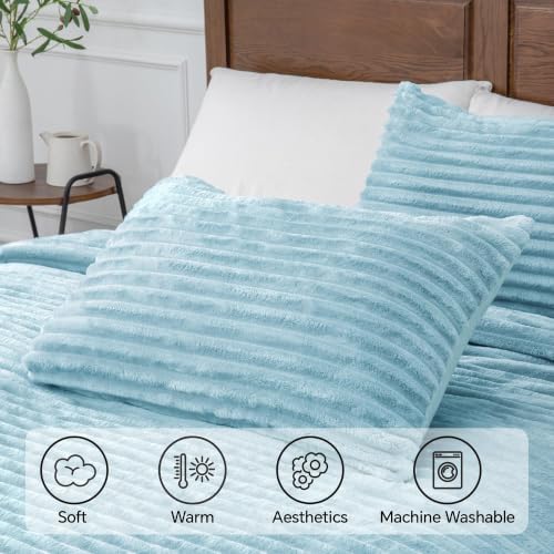 BEDELITE Fleece Oversized Queen Comforter Set, Fluffy Bed Set, Grey Blue