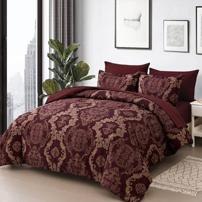 WONGS BEDDING Burgundy Comforter Set Queen Size, Maroon Damask Texture 7 Pieces Bed in a Bag Microfiber Comforter Bedding Sets -1 Comforter, 1 Flat Sheet, 1 Fitted Sheet, 2 Pillow Shams, 2 Pillowcases