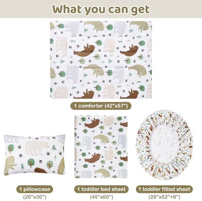 lasoftan Toddler Bedding Set, Toddler Bed Comforter Sets for Girls, Toddler Bed Set, Forest Bear Printed