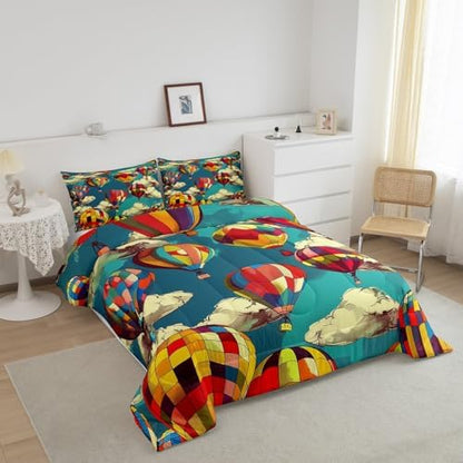 Erosebridal Hot Air Balloon King Comforter Set for Boys Girls Kids,Cute Rainbow Bedding Set Boho Room Decor,Blue Sky Cloud Comforter Set Breathable Cartoon Colorful Balloons Quilt Bed Set 3Pcs
