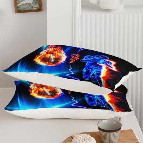 Axolotl Football Comforter King,Cool Blue Football Bedding Sports Theme Comforter Set for Boys,3D Rugby Sports Bedding Set,Soccer Player on Fire for Boys Kids Teens,1 Quilt 2 Pillowcases,Black Blue