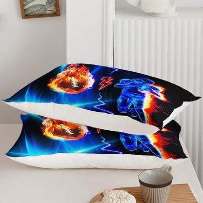 Axolotl Football Comforter King,Cool Blue Football Bedding Sports Theme Comforter Set for Boys,3D Rugby Sports Bedding Set,Soccer Player on Fire for Boys Kids Teens,1 Quilt 2 Pillowcases,Black Blue