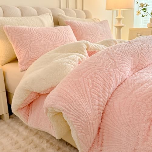 tohrisa Seashell Jacquard Sherpa Comforter Set Warm Cozy Premium Bedding 2 Pieces, Twin Size Geometric Pattern Quilt Comforter with 1 Pillowcases(68"X90" Light Pink)