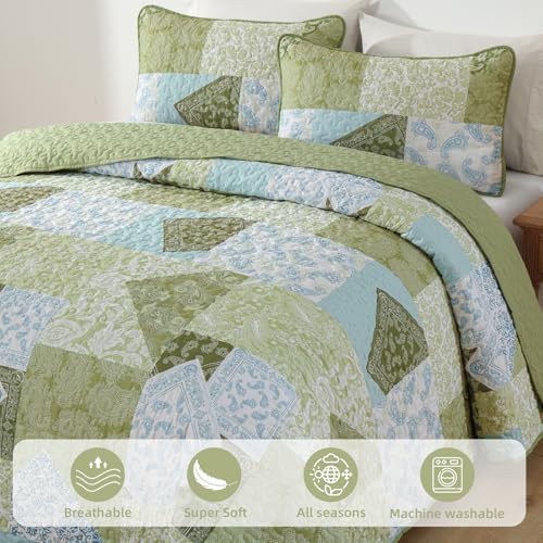 Mybedsoul Boho Quilt King Size, Patchwork Bedding Set, Sage Green