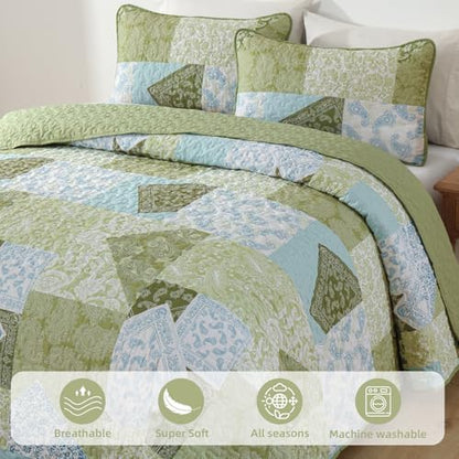 Mybedsoul Boho Quilt King Size, Patchwork Bedding Set, Sage Green