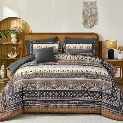 Boho Comforter Set Full Size,8 Pieces Brown Black Striped Bedding Set