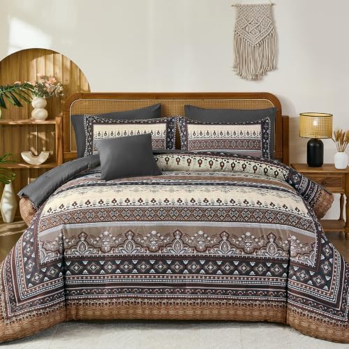 Boho Comforter Set King Size,8 Pieces Brown Black Striped Bedding Set