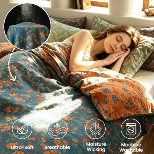 BISELINA 100% Cotton Muslin Duvet Cover Set King, 3 Pcs Yarn-Dyed Jacquard Textured Reversible Floral Design, Soft and Breathable Bedding Set with Zipper Closure, Floral Blue Orange