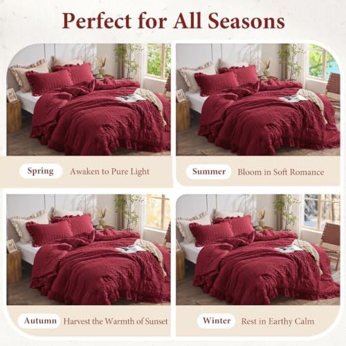 JOLLYVOGUE Burgundy Twin/Twin XL Comforter Set, 2 Pieces Seersucker Lightweight Fluffy Bedding Set, Twin Ruffle Comforter, All Season Soft Microfiber Shabby Chic Bed Set