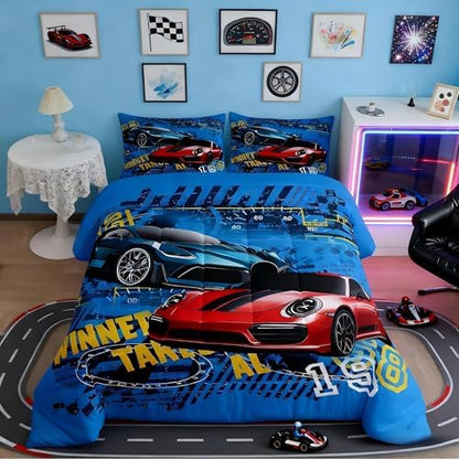 Boys Sports Car King Size Comforter Set,Kids Cool Racing Car Decor All Season Bedding Set,Teens Extreme Sports Theme Comforter,Girls Young Man Blue and Red Decor Quilt Set Bedroom Collection 3Pcs