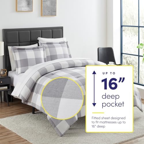 7 Piece Comforter Set Bag Solid Color All Season Soft Down Alternative Blanket & Luxurious Microfiber Bed Sheets, Queen, Checkered Box