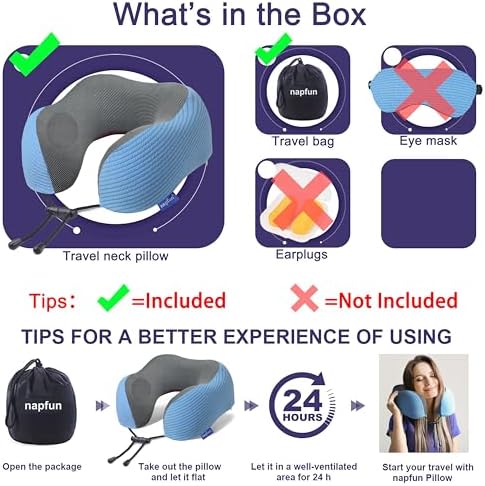 napfun Neck Pillow for Travel, Memory Foam Airplane Pillow, Sky Blue