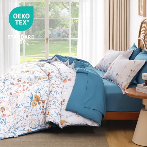 Teal Floral Comforter Set Full Size,7 Piece Cute Blue Bedding for Girls