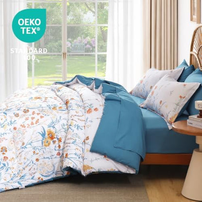 Teal Floral Comforter Set Full Size,7 Piece Cute Blue Bedding for Girls