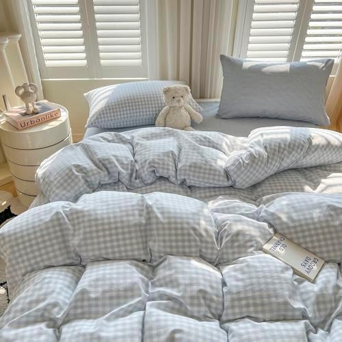 mixinni Gingham Comforter Set California King Size - 3 Piece Light Blue Plaid Farmhouse Bedding, Soft Washed Cotton All-Season Comforter & Pillow Shams, Grid Pattern Classic Style for Women Men
