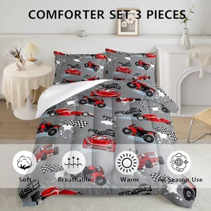 Axolotl Kid Comforter Set Twin Size,Racing Car Bedding Set for Boys Girls Teen Kids Children Racing Gifts,Race Cars Quilt Bed Set with 1 Comforter 2 Pillowcases,Red Grey