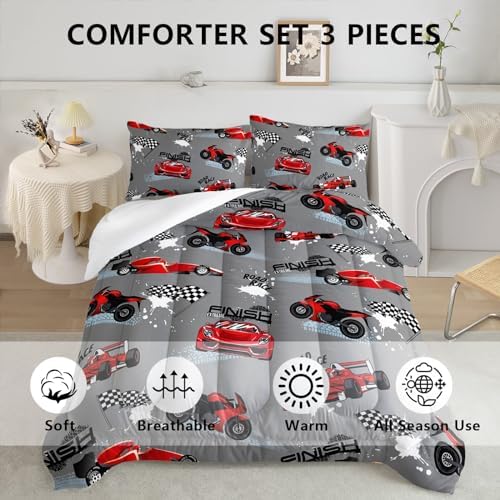 Axolotl Kid Comforter Set Queen Size,Racing Car Bedding Set for Boys Girls Teen Car Racing Gifts,Race Cars Quilt Bed Set with 1 Comforter 2 Pillowcases,Red Grey
