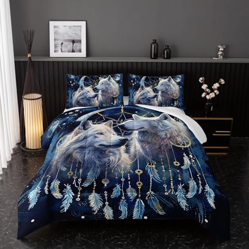 Wolf Dream Catcher Comforter Set King Size，Modern Wildlife Animal Comforter Tie Dye Wolf Bedding Set for Girls Boys Kids Teens Watercolor Wolf Dark Clouds Wild Animal Comforter with 2 Pillowcases