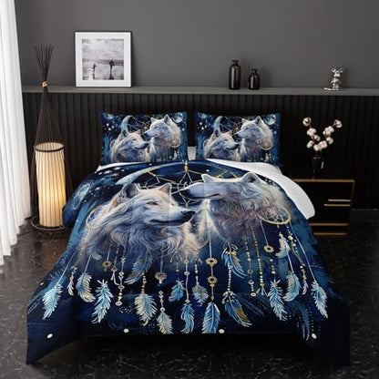 Wolf Dream Catcher Comforter Set King Size，Modern Wildlife Animal Comforter Tie Dye Wolf Bedding Set for Girls Boys Kids Teens Watercolor Wolf Dark Clouds Wild Animal Comforter with 2 Pillowcases