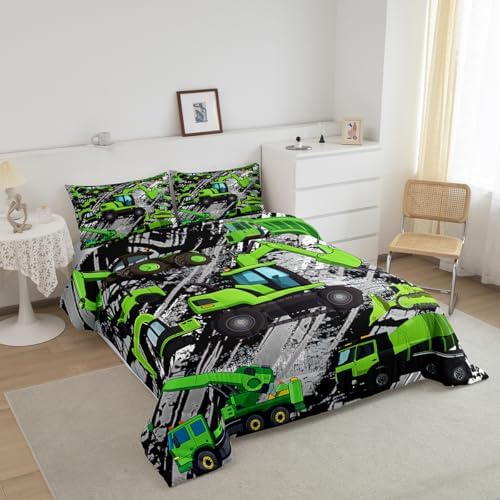 Excavator Down Comforter, Kids Boys Cartoon Car Comforter Set Full, Children Tractor Truck Duvet Sets Girls Construction Vehicle Bulldozer Bedding Set 3 Pieces with 2 Pillow Cases, Green Gray