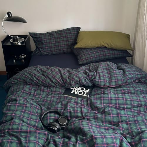 LifeTB Vintage Buffalo Plaid Duvet Cover Set King Washed Cotton Bedding Set