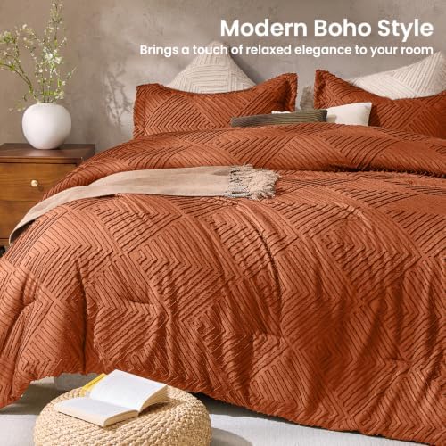 JOLLYVOGUE Queen Comforter Set, Boho Tufted 3-Piece Bedding Set, Orange