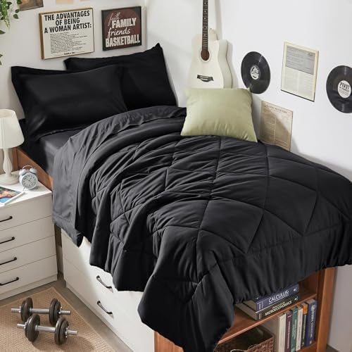 HEVUMYI 5-Piece Twin Comforter Set, Black Bed in a Bag