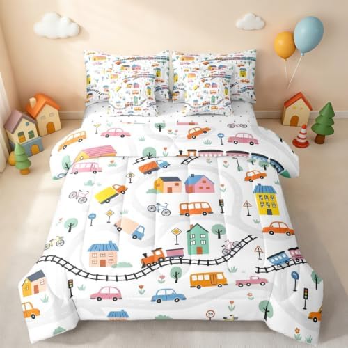 Erosebridal 7 Pcs Cartoon City Car Comforter Set Queen Size Bicycle Truck Train Kids Bedding Set with Sheets House & Tree Cityscape Bed in A Bag for Boys Girls Transportation Road & Railway Bed Sets