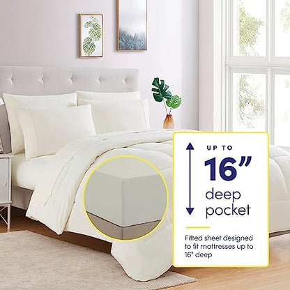 Sweet Home Collection 7 Piece Comforter Set Bag Solid Color All Season Soft Down Alternative Blanket & Luxurious Microfiber Bed Sheets, Ivory, Full