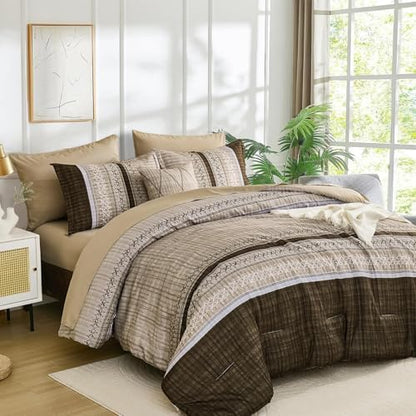 Dintszyayue Brown Comforter Set Full Size, 8 Pieces Boho Striped Bed in a Bag Soft Microfiber Bedding Set for All Season