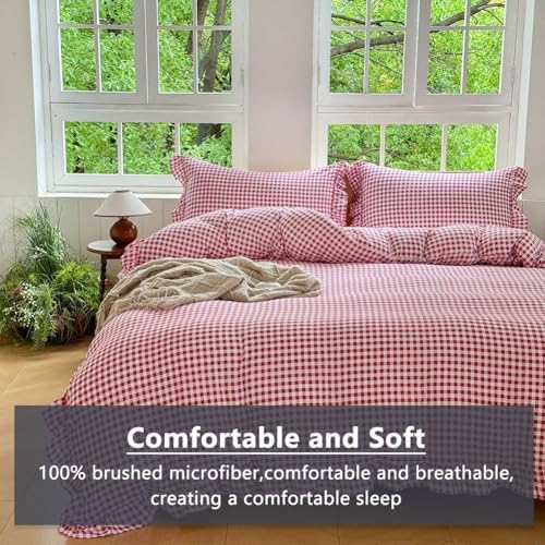NSNLGSGC Red Gingham Ruffle Queen Duvet Cover
