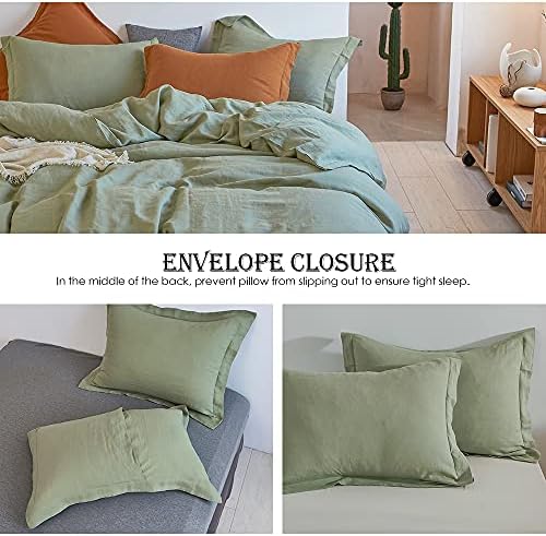 Simple&Opulence 100% Linen Duvet Cover Set 2pcs Basic Style Natural French Washed Flax Solid Color Soft Breathable Farmhouse Bedding with Button Closure - Sage Green, Twin